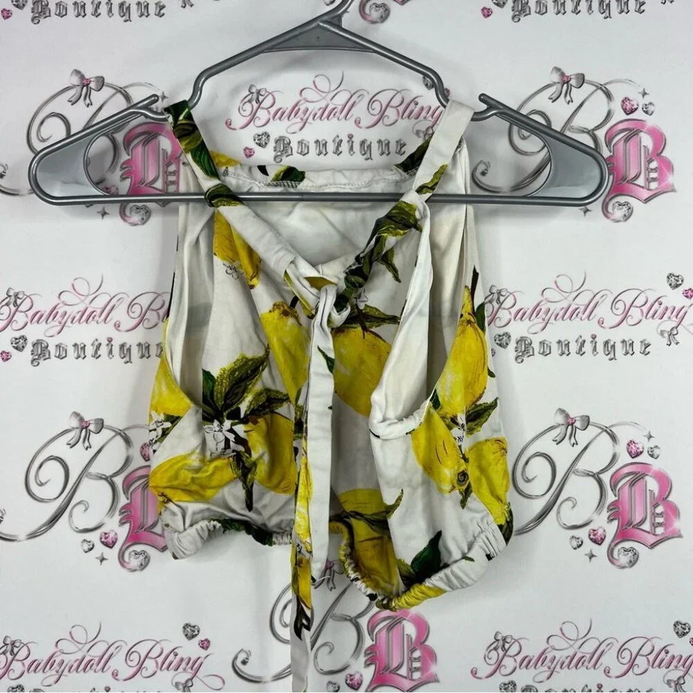 Zaful cropped tank top tie up Lemon Print lemons 🍋 - White and Yellow